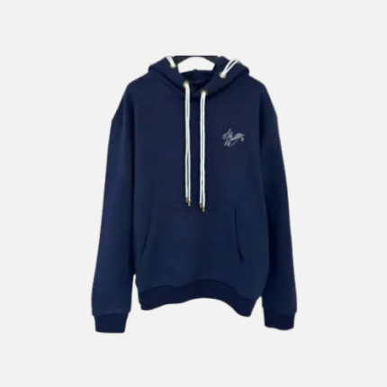 Louis Vuitton navy blue cotton hoodie with a drawstring hood and embroidered signature on the chest