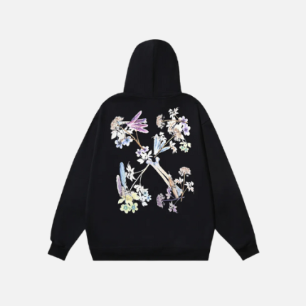 Hoodie Off-White Black With Floral Print