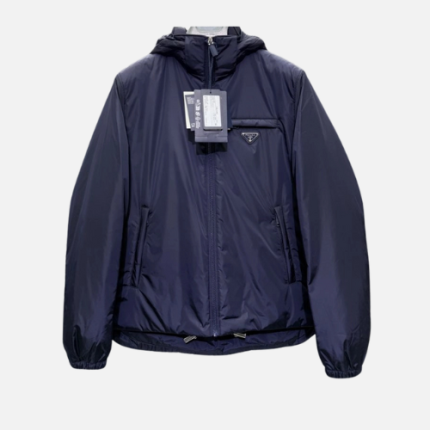 Prada Logo Hooded Puffer Jacket Navy Blue