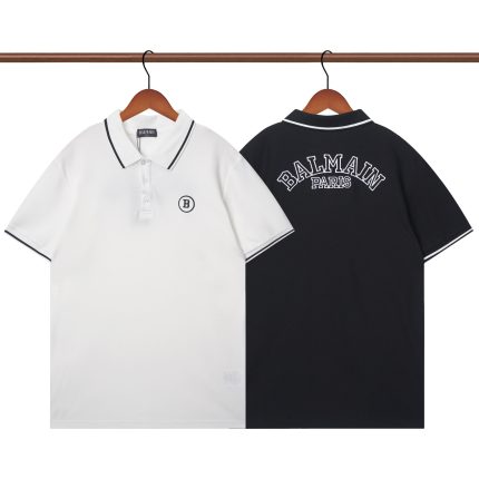 Balmain Contrast Stripe Polo T-Shirt White Black