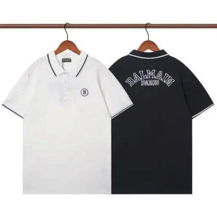 Balmain Contrast Stripe Polo T-Shirt White Black
