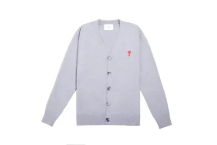 Ami Paris Ami De Coeur Extrafine Merino Wool Cardigan Grey