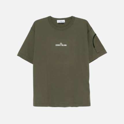 Stone Island Logo-Print Cotton T-shirt With A Sleeve Zip Pocket Green