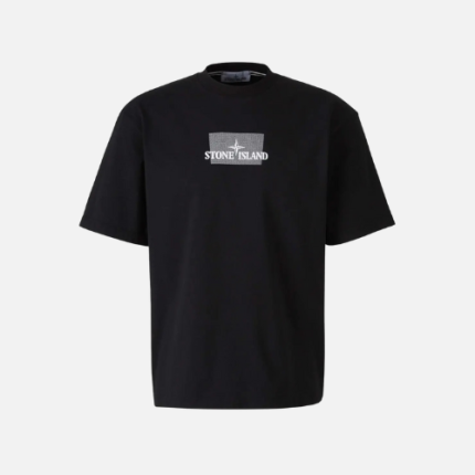 Stone Island Grid Print Logo T-Shirt Combed Organic Cotton Jersey Black