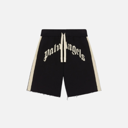 Palm Angels Black Cotton-Blend Curved Logo Track Sweatshorts With Ivory Side Stripes And A Raw-Cut Hem