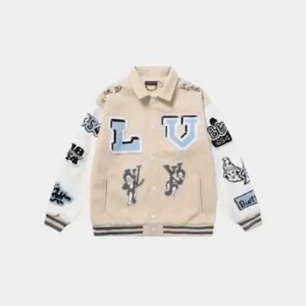 LV Multi-Patches Mixed Leather Varsity Jacket Cream/White