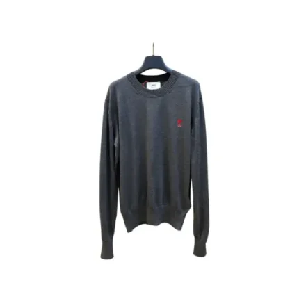 Ami Paris De Coeur Logo Embroidered Merino Wool Crew Neck Sweater Grey