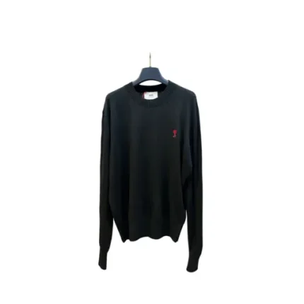 Ami Paris De Coeur Logo Embroidered Merino Wool Crew Neck Sweater Black