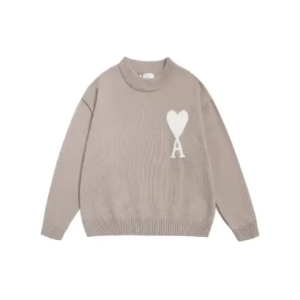 Ami Paris De Coeur Wool Crewneck Sweater Beige With White Intarsia Heart Logo