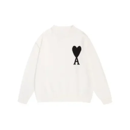 Ami Paris De Coeur Wool Crewneck Sweater White With Black Intarsia Heart Logo