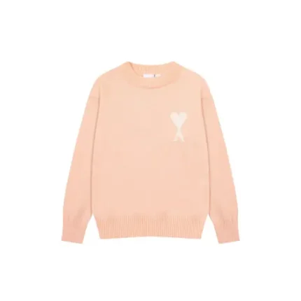 Ami Paris Jacquard ADC Merino Crew Neck Pullover Sweater Pink With White Heart Logo