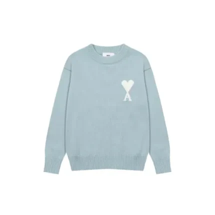 Ami Paris Jacquard ADC Merino Crew Neck Pullover Sweater Sky Blue With White Heart Logo