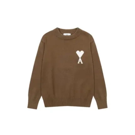 Ami Paris Jacquard ADC Merino Crew Neck Pullover Sweater Khaki With White Heart Logo