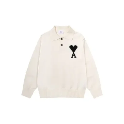 Ami Paris Jacquard ADC Merino Polo Collar Pullover Sweater White