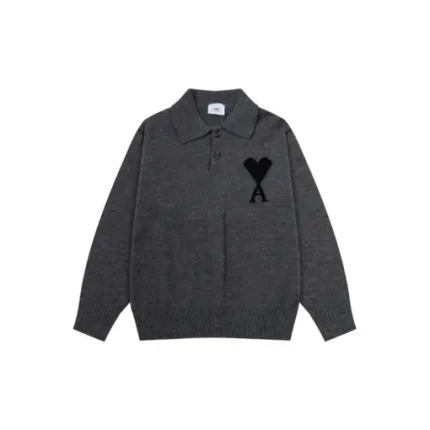 Ami Paris Jacquard ADC Merino Polo Collar Pullover Sweater Black