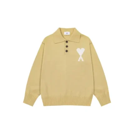 Ami Paris White Heart Jacquard Alpaca Blend Loose Polo Neck Pullover Sweater Light Yellow