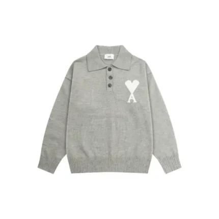 Ami Paris White Heart Jacquard Alpaca Blend Loose Polo Neck Pullover Sweater Light Gray