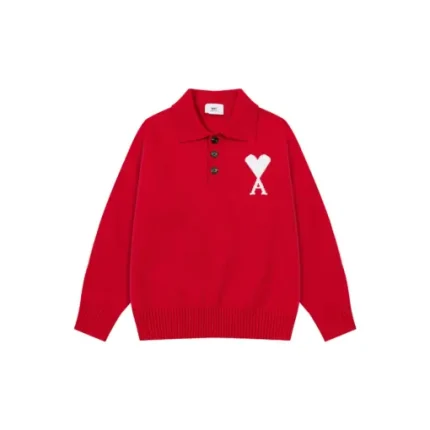 Ami Paris White Heart Jacquard Alpaca Blend Loose Polo Neck Pullover Sweater Red