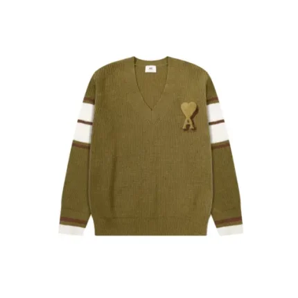 Ami Paris Heart Shaped Towel Embroidery Jacquard ADC Wool V Neck Sweater Brownish Green