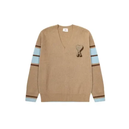 Ami Paris Heart Shaped Towel Embroidery Jacquard ADC Wool V Neck Sweater Camel