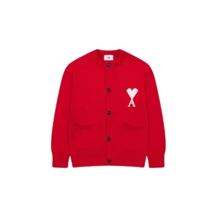 Ami Paris ADC Merino Heart Shaped Alpaca Blend Soft Cozy Knit Cardigan Round Neck Sweater Red