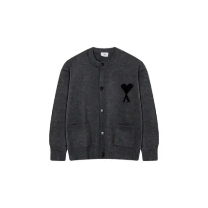 Ami Paris ADC Merino Heart Shaped Alpaca Blend Soft Cozy Knit Cardigan Round Neck Sweater Dark Gray