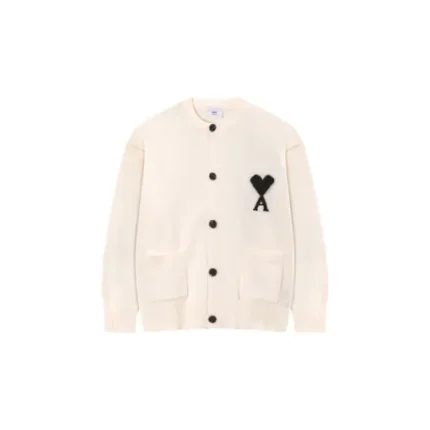 Ami Paris ADC Merino Heart Shaped Alpaca Blend Soft Cozy Knit Cardigan Round Neck Sweater White