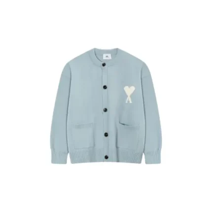Ami Paris ADC Merino Heart Shaped Alpaca Blend Soft Cozy Knit Cardigan Round Neck Sweater Baby Sky Blue