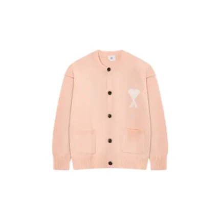 Ami Paris ADC Merino Heart Shaped Alpaca Blend Soft Cozy Knit Cardigan Round Neck Sweater Light Pink