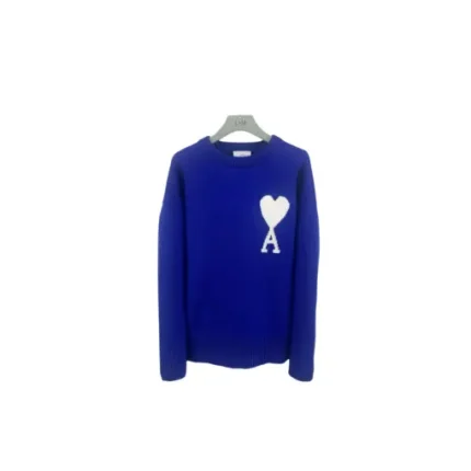 Ami Paris Large Heart Logo Blended Crew Neck Knit Sweater Blue