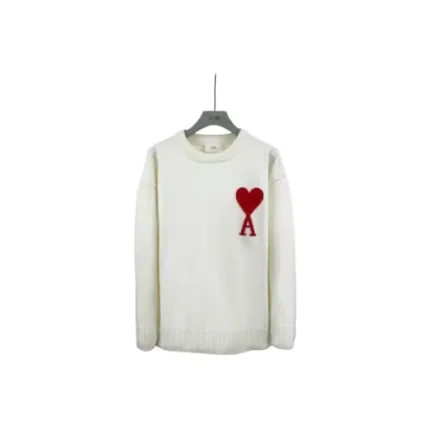 Ami Paris Large Heart Logo Blended Crew Neck Knit Sweater White With Red Heart