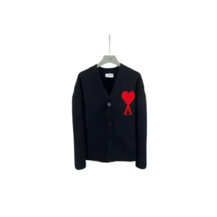 Ami Paris Large Heart Logo Loose Fitting Drop Shoulder V Neck Cardigan Sweater Black