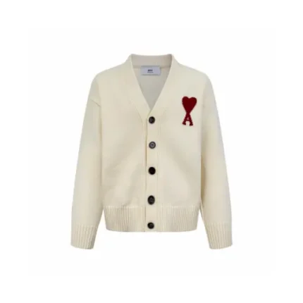 Ami Paris Heart Shaped Cardigan Wool Sweater Cream
