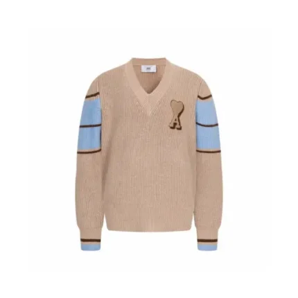 Ami Paris Brown Wool College Cardigan Camel With Sky Blue