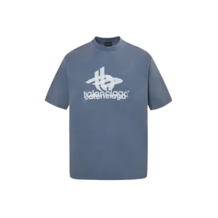 Balenciaga Oversized Logo Print Cotton Jersey T Shirt Faded Blue