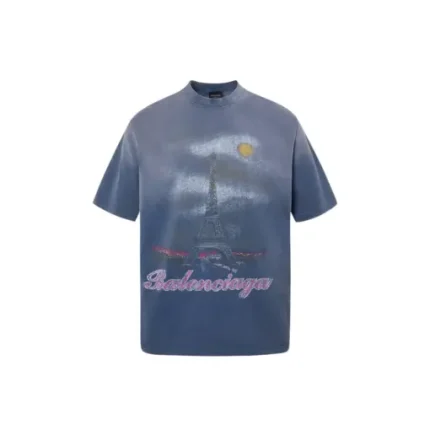 Balenciaga Paris Short Sleeve Oversized T Shirt Faded Blue