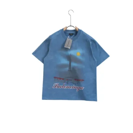 Balenciaga Short Sleeve Paris T Shirt Faded Blue