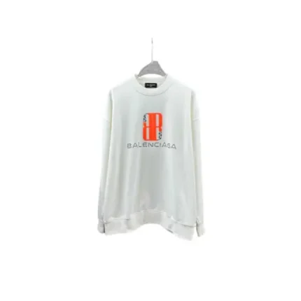 Balenciaga Oversized Full White Sweater With Orange Embosed Monogram