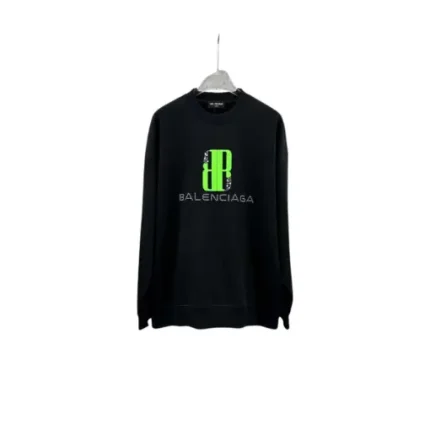Balenciaga Oversized Full Black Sweater With Green Embosed Monogram
