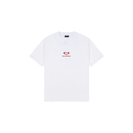 Balenciaga White And Red Heart Short Sleeve T Shirt