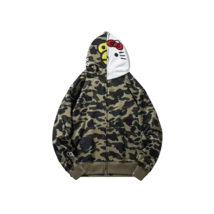 BAPE Malika Kitty Shark Hooded Hoodie Camouflage Green Fleece Lining