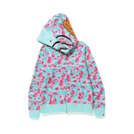 BAPE Shark Full Zip Double Hooded Hoodie Camouflage Sky Blue And Pink