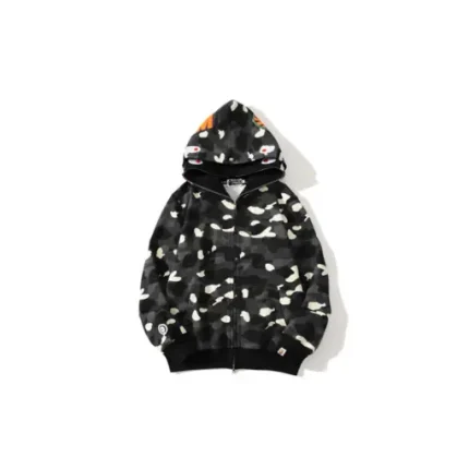 BAPE Shark Head Glow In The Dark Polka Dot Full Zip Double Hooded Hoodie Camouflage Black