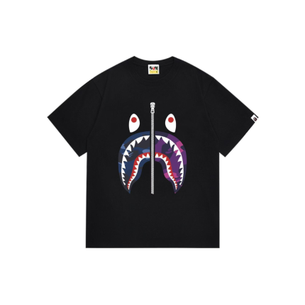 BAPE Camo Shark Face Black T Shirt Purple Design