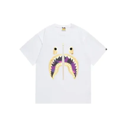 BAPE Camo Purple Yellow Flame Shark Face Design T Shirt White