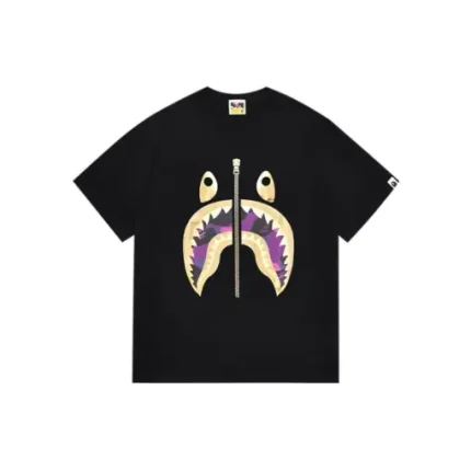 BAPE Camo Purple Shark Face Design T Shirt Black