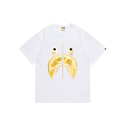 BAPE Camo Shark Face White T Shirt Yellow Flame Design