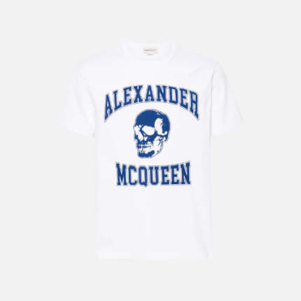 McQueen White Organic Cotton Varsity T-shirt With A Blue Skull And Logo Print