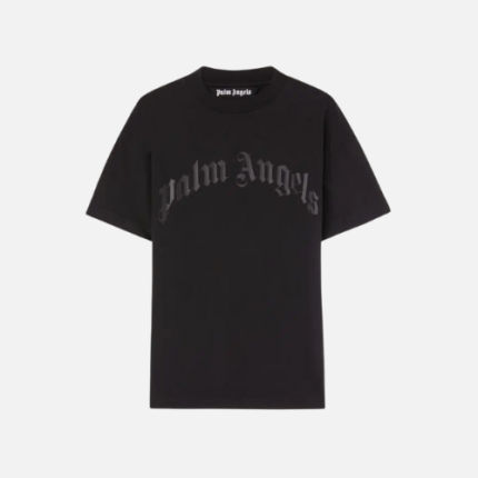 Palm Angels Black Cotton T-Shirt With A Curved Logo