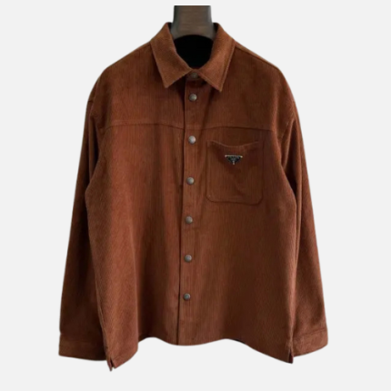 Prada Logo-Badge Relaxed-Fit Corduroy Cotton Shirt Brown